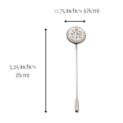 Measurement chart of a Roosevelt dime coin silver tie pin with dimensions labeled.