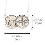 US Dime two coin pendant on a chain with measurements indicated