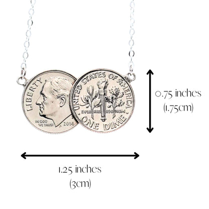 US Dime two coin pendant on a chain with measurements indicated