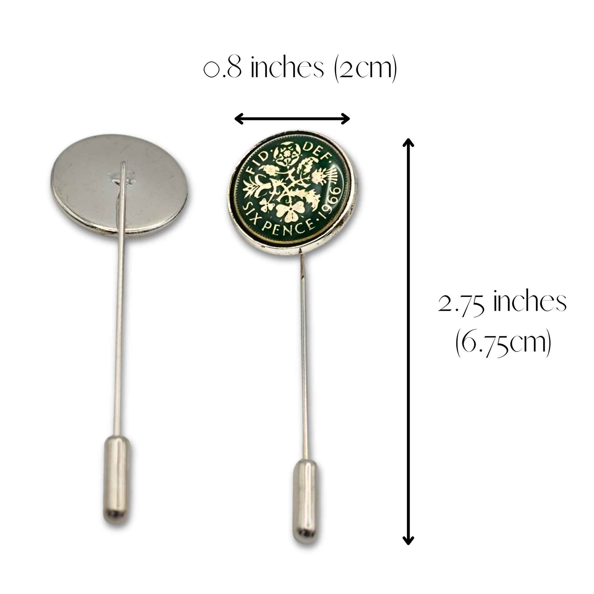 British sixpence coin green enamel silver plated tie pin with measurements.