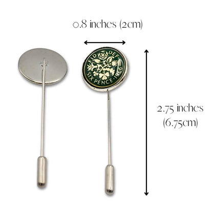 British sixpence coin green enamel silver plated tie pin with measurements.