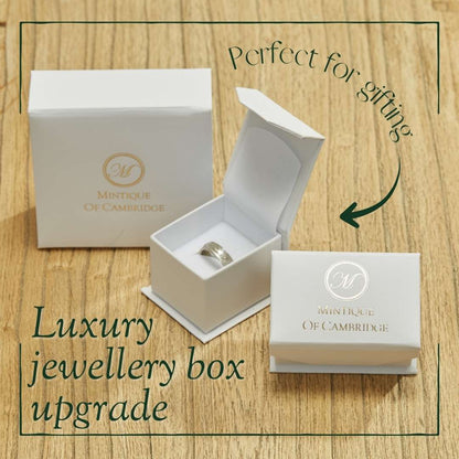 Mintique of Cambridge jewelry box with a ring on a wooden surface. luxury jewellery box upgrade