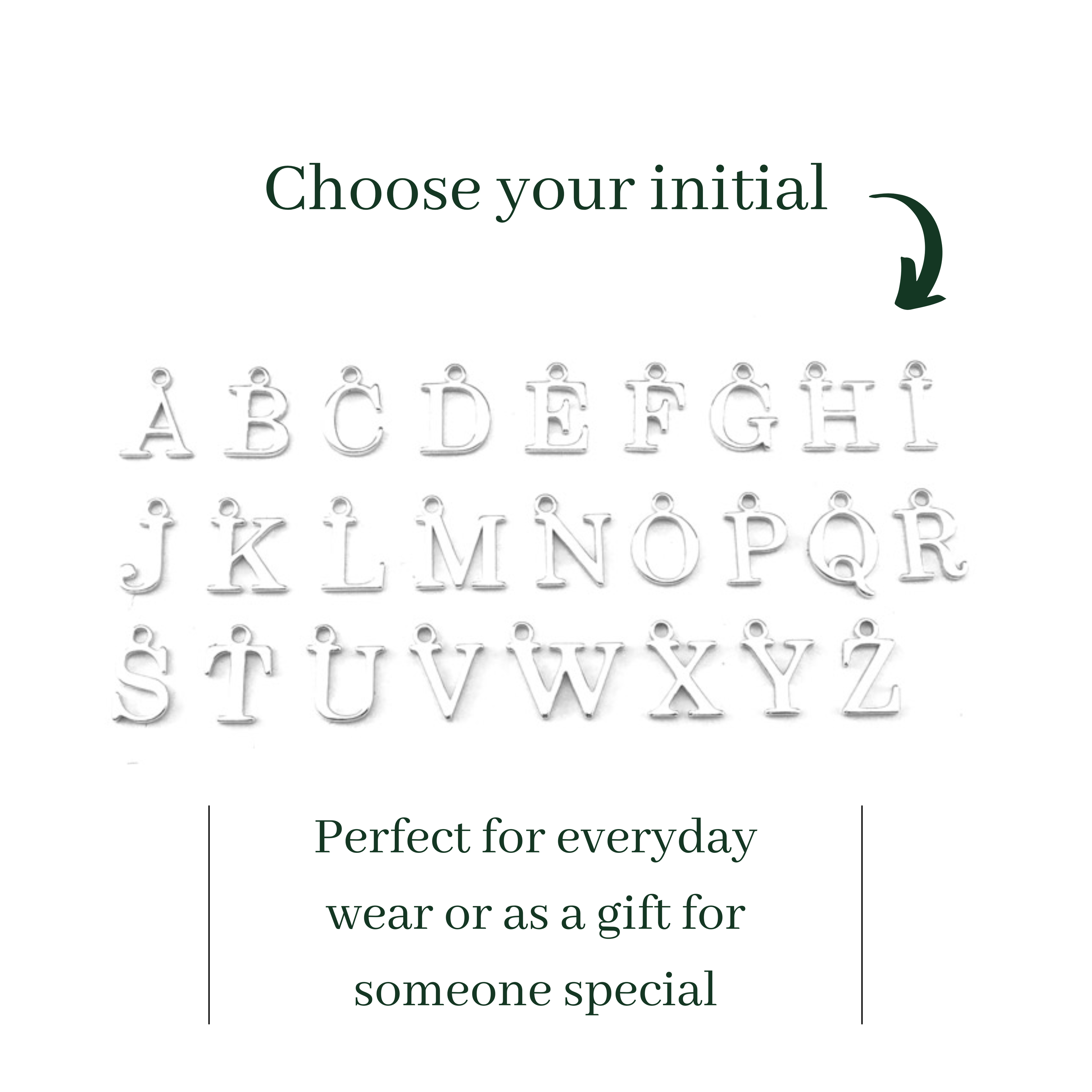 Sterling silver alphabetical letters initials displayed on a white background with text inviting users to choose an initial.