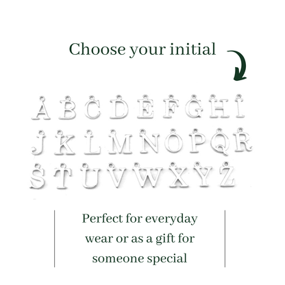 Sterling silver alphabetical letters initials displayed on a white background with text inviting users to choose an initial.