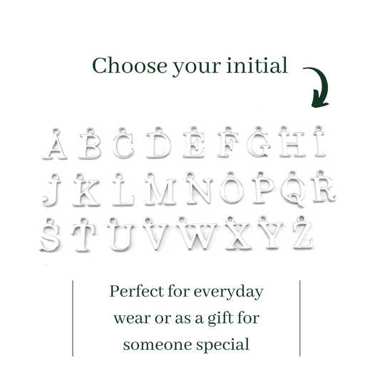 Sterling silver alphabetical letters initials displayed on a white background with text inviting users to choose an initial.