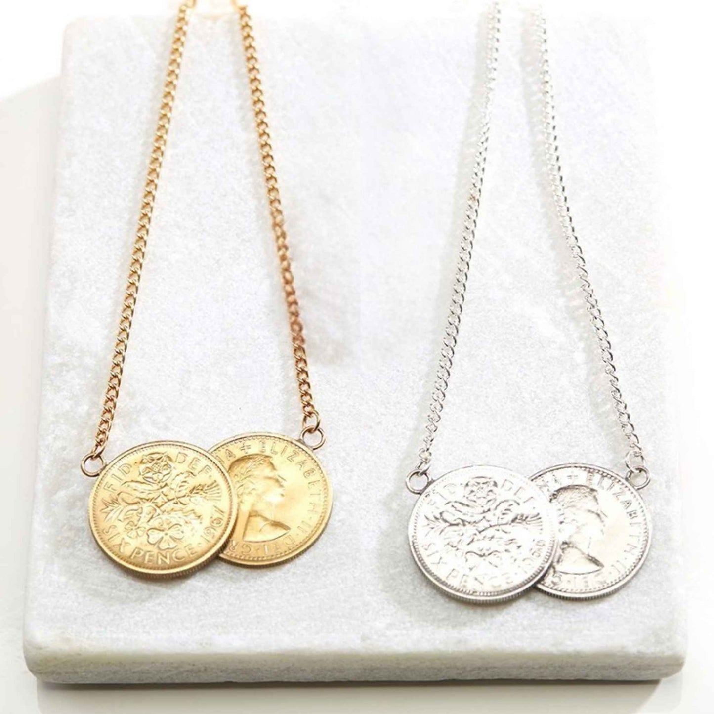 Queen Elizabeth II Sixpence Double Coin Necklace | 18k Gold Plated & Silver