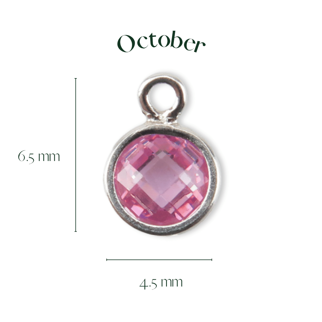 Pink gemstone pendant with measurements on a white background
