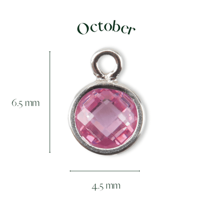 Pink gemstone pendant with measurements on a white background