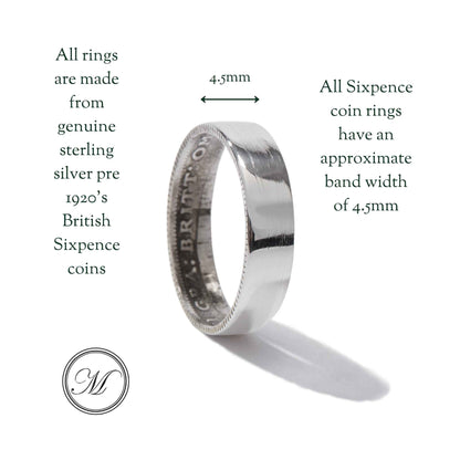 Sterling Silver Sixpence Coin Ring - Smooth Outer, Detail Inner