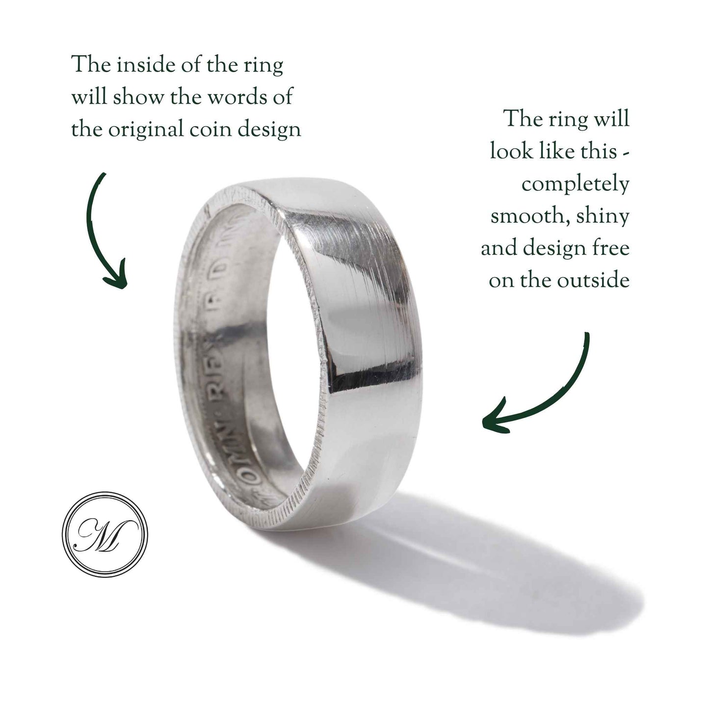 Sterling Silver Florin Coin Ring - Smooth Outer, Detail Inner