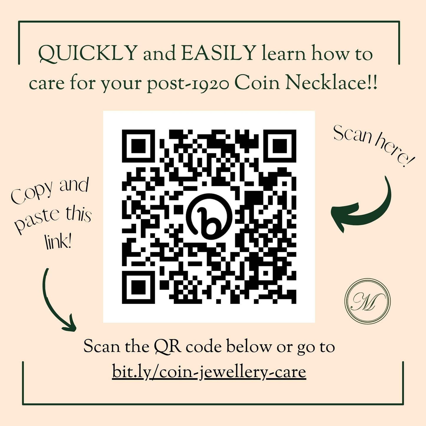 QR code for learning how to care for post-1920 coin necklaces on a beige background with text.