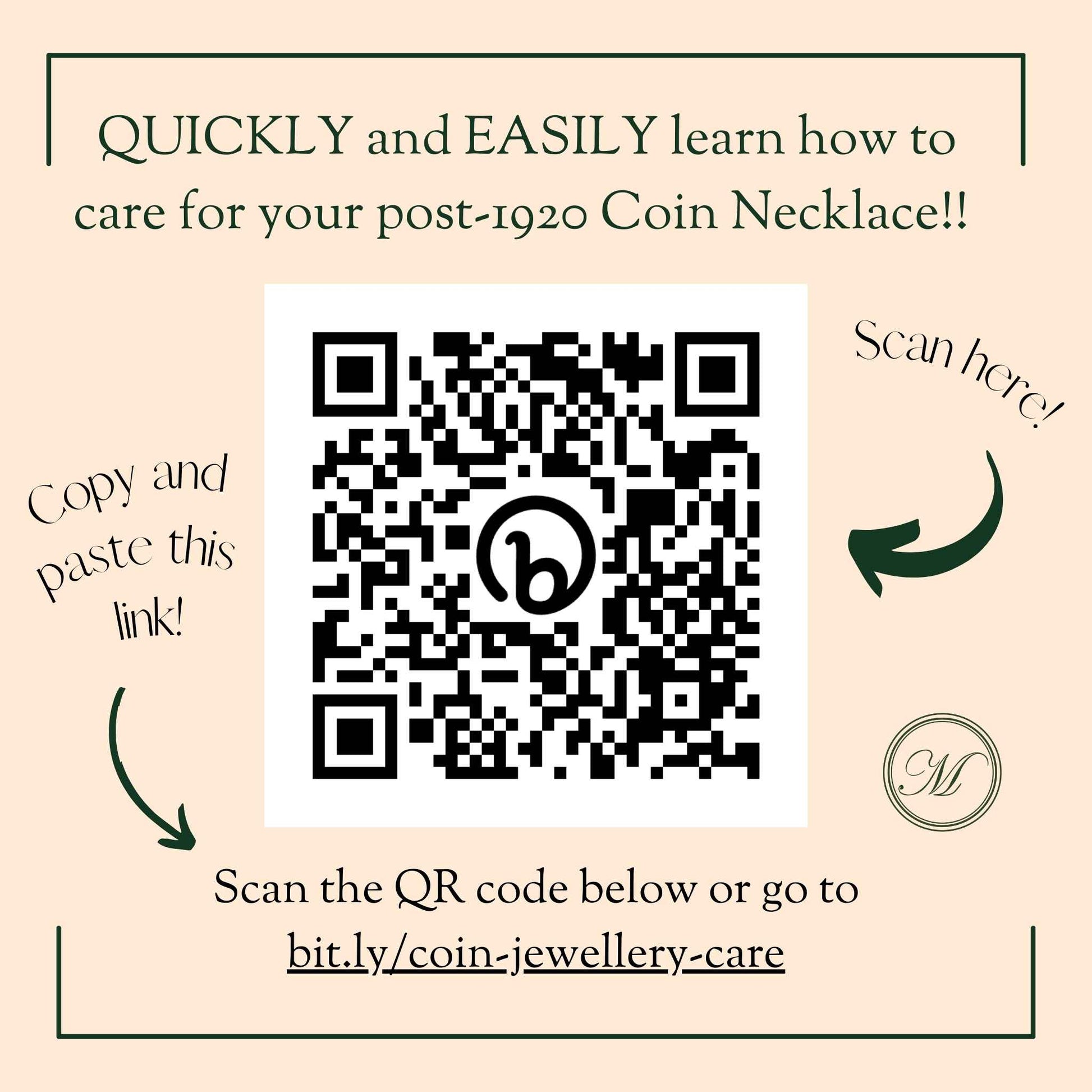 QR code for learning how to care for post-1920 coin necklaces on a beige background with text.