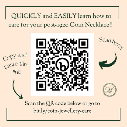 QR code for learning how to care for post-1920 coin necklaces on a beige background with text.