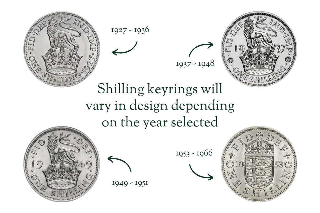 4 English Shilling coins with different designs from 1927 to 1966 on a white background.