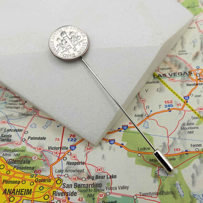 Silver US Dime coin lapel pin on a map of California with cities like Las Vegas, Anaheim, and San Bernardino.