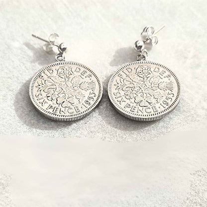 Queen Elizabeth II Sixpence Coin Earrings | Sterling Silver Ear Post