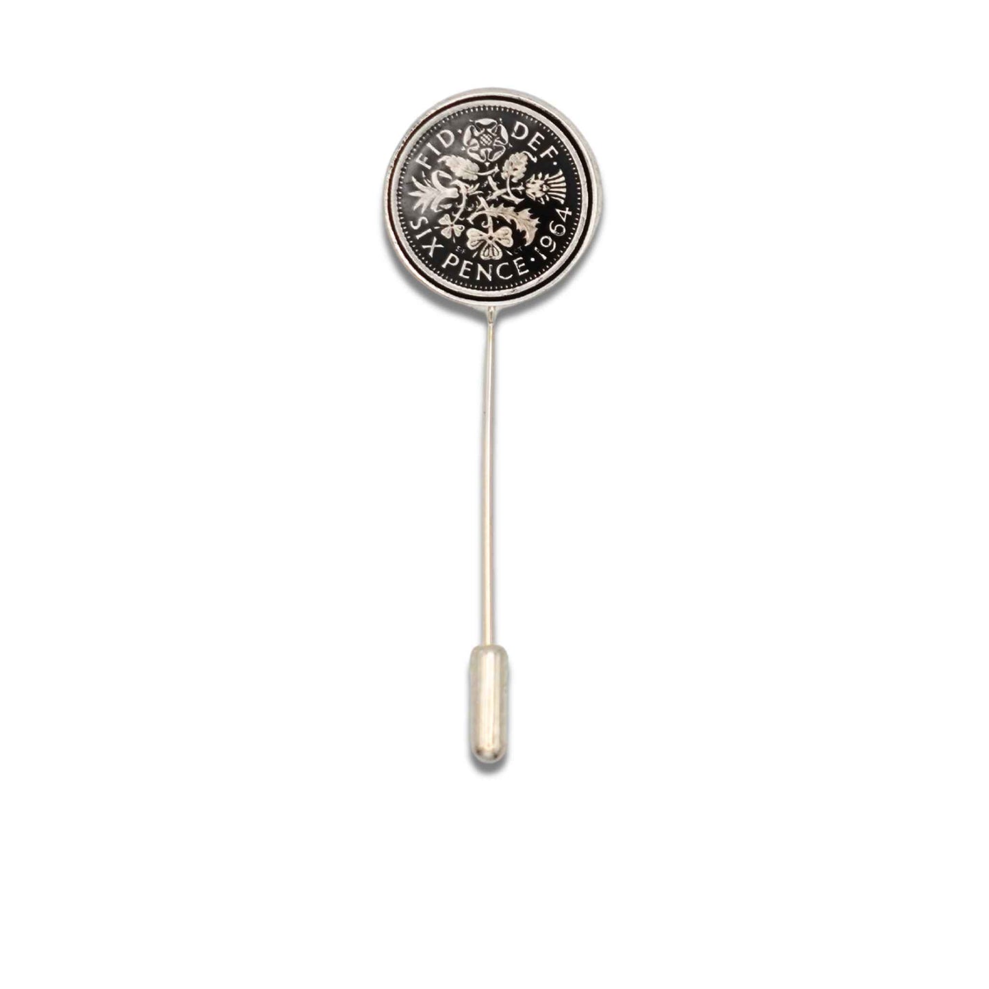 British Queen Elizabeth 2nd sixpence coin black enamel silver plated tie pin.