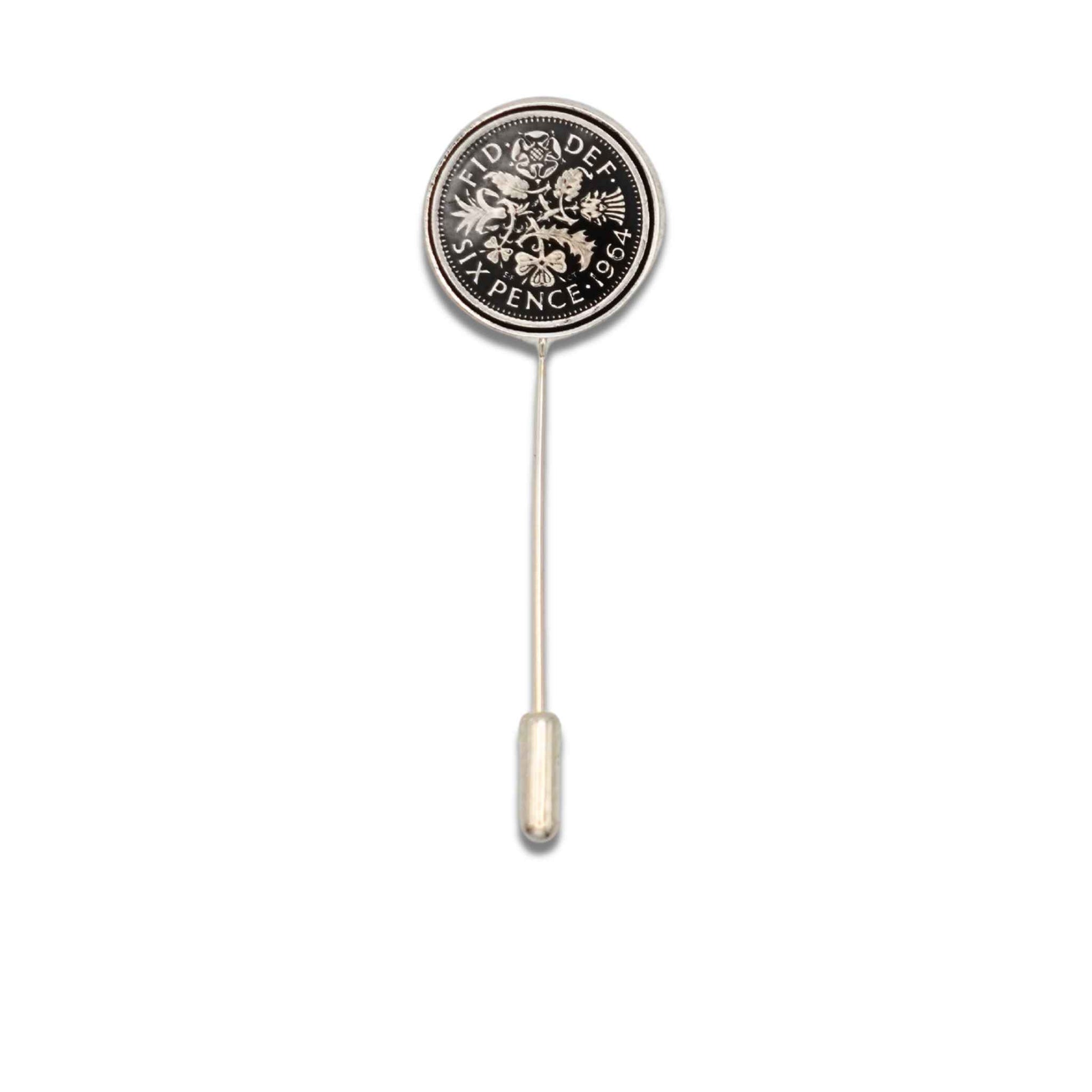 British Queen Elizabeth 2nd sixpence coin black enamel silver plated tie pin.
