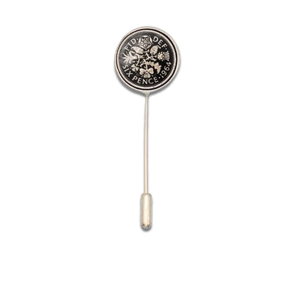 British Queen Elizabeth 2nd sixpence coin black enamel silver plated tie pin.