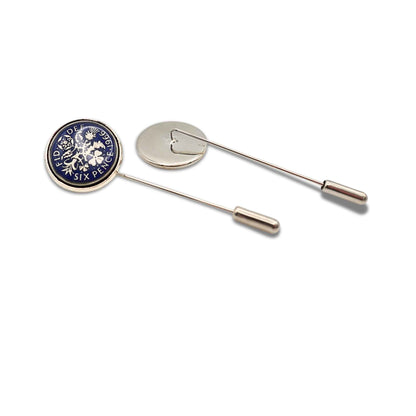 British sixpence coin blue enamel silver plated tie pin on white background