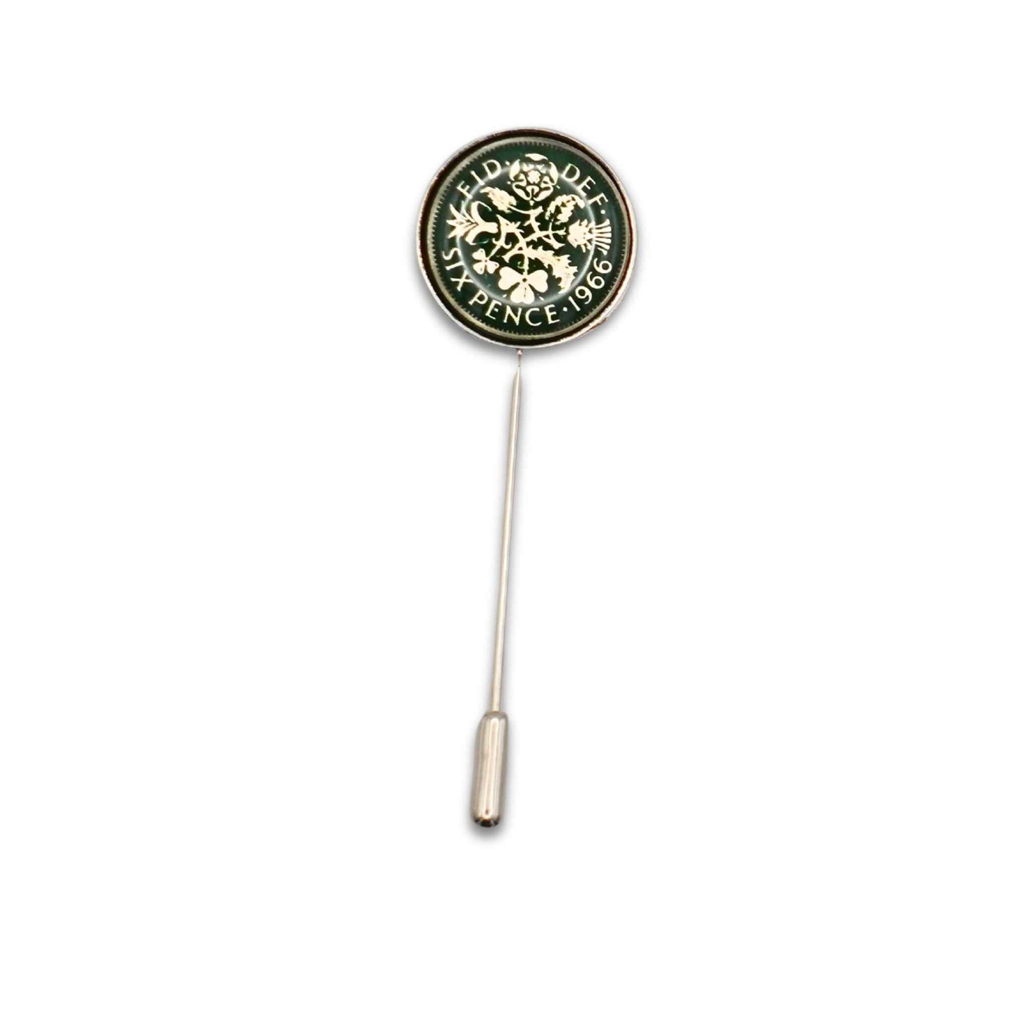 British Queen Elizabeth 2nd sixpence coin green enamel silver plated tie pin.
