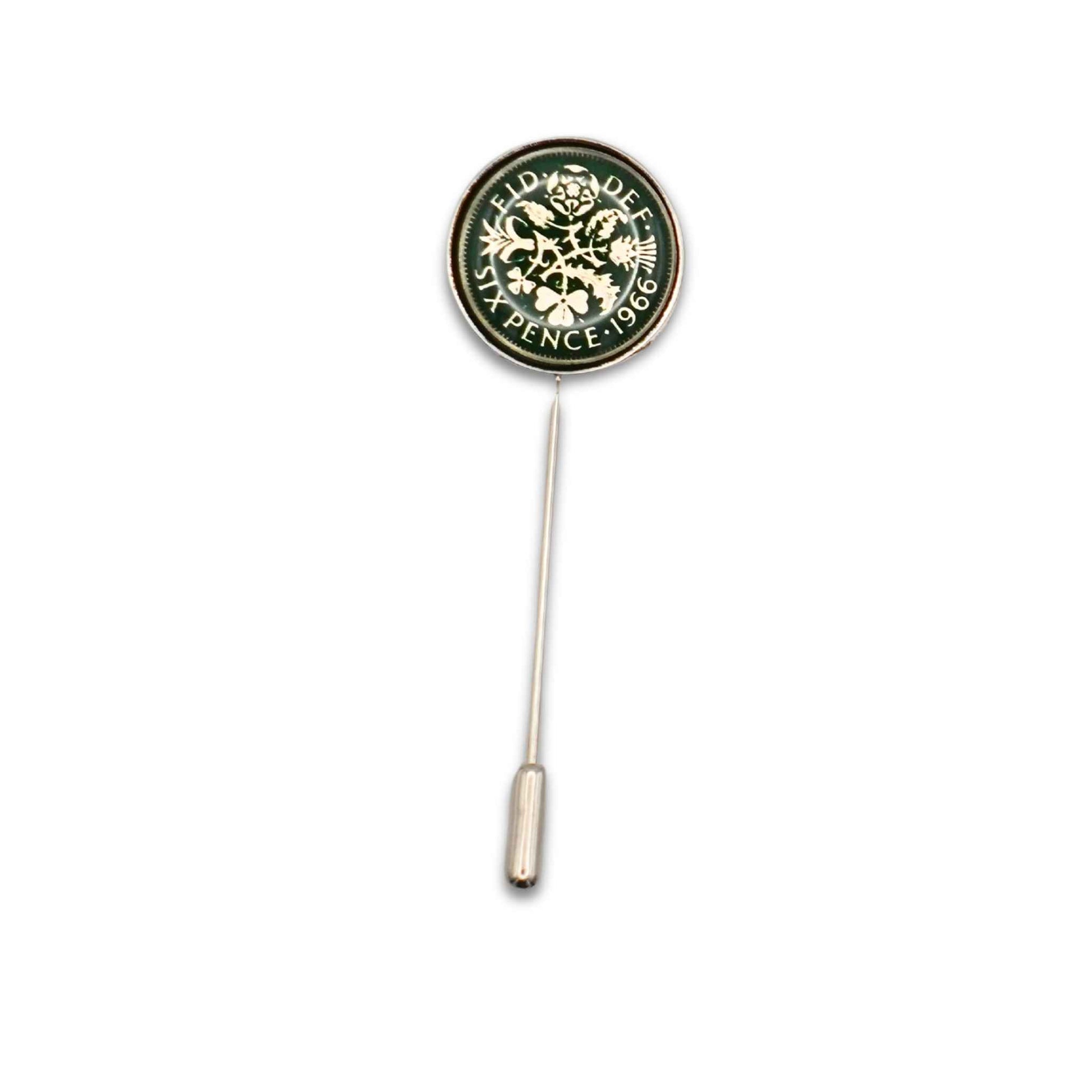 British Queen Elizabeth 2nd sixpence coin green enamel silver plated tie pin.