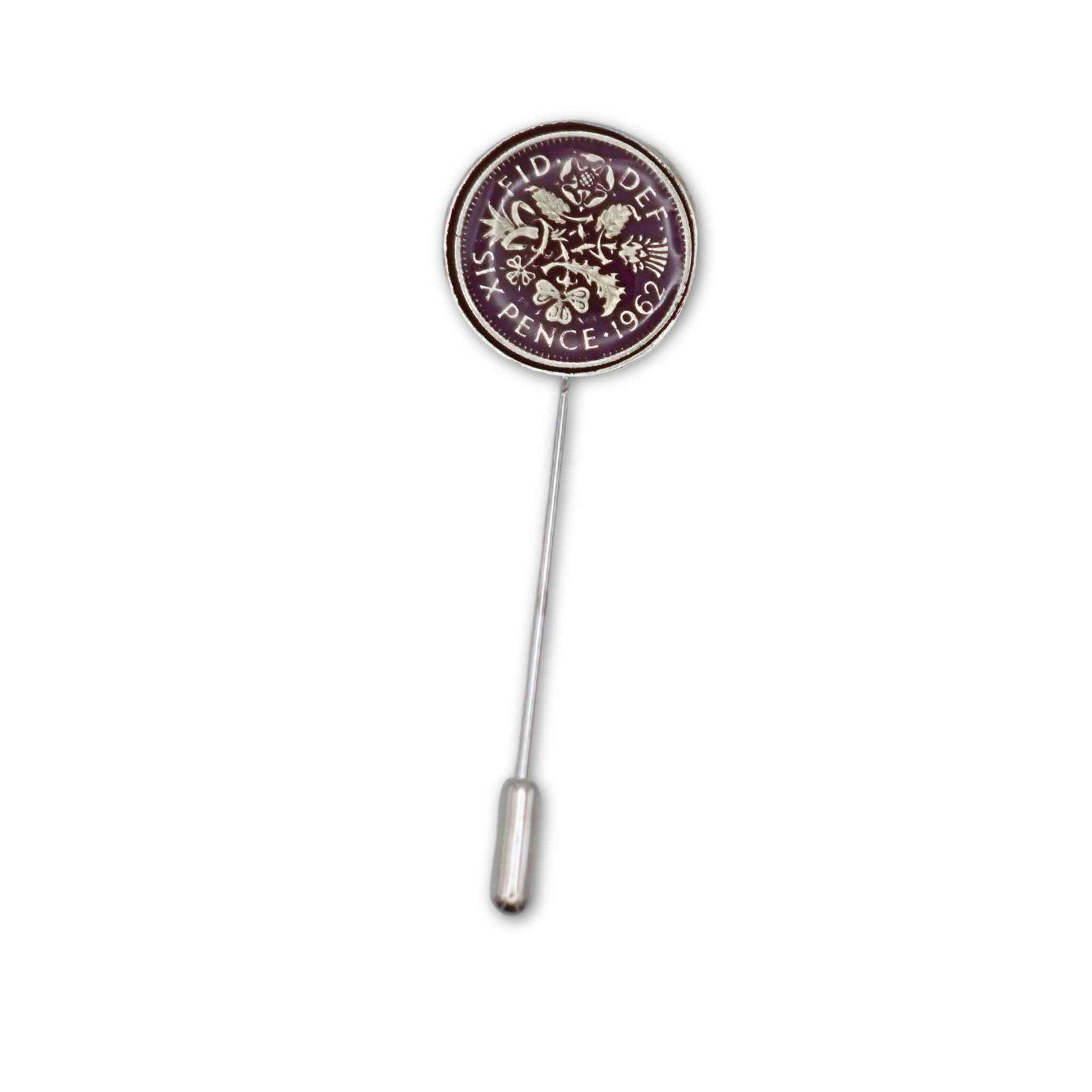 British Queen Elizabeth 2nd sixpence coin purple enamel silver plated tie pin.