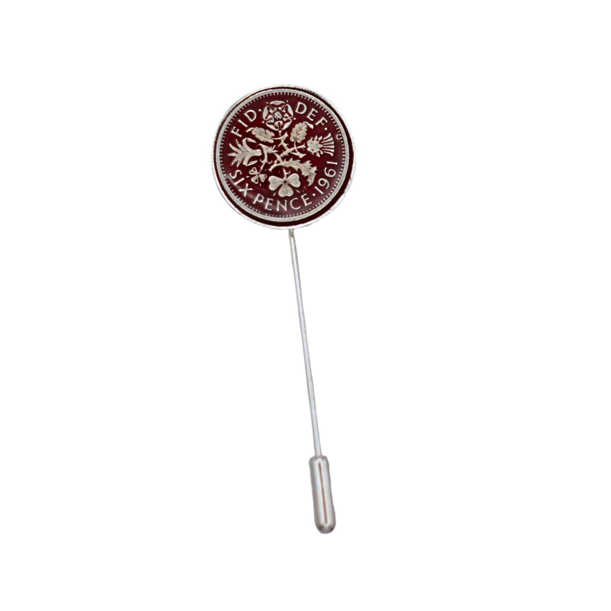British Queen Elizabeth 2nd sixpence coin red enamel silver plated tie pin.