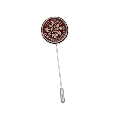 British Queen Elizabeth 2nd sixpence coin red enamel silver plated tie pin.