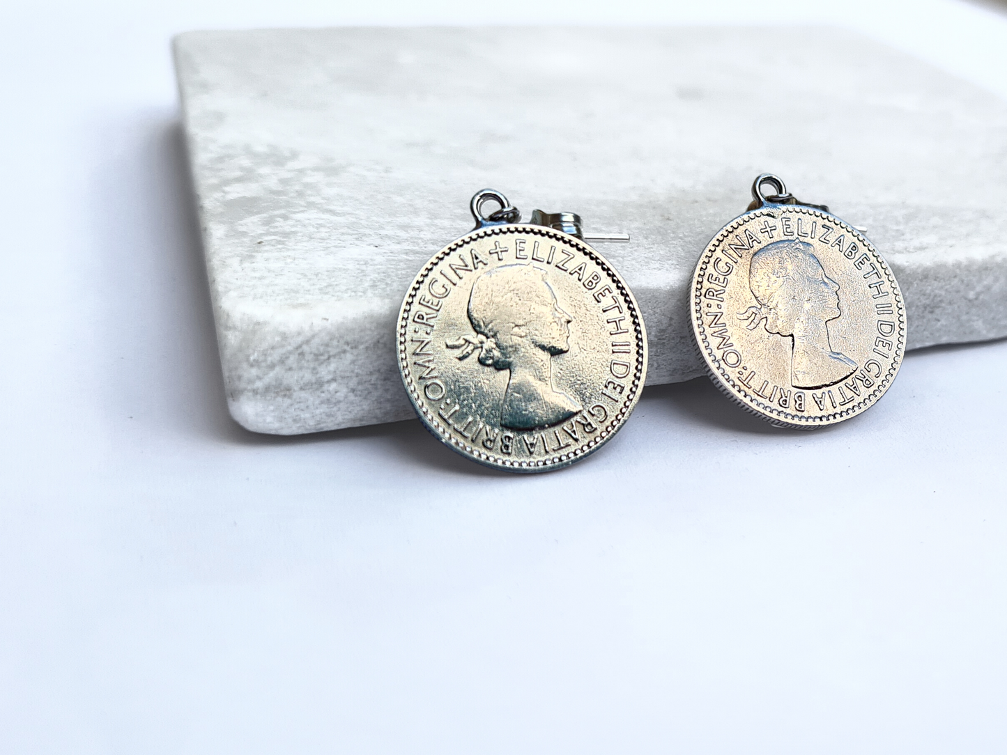 Gift Set: Queen Elizabeth II Memorabilia - 1926 Double Sixpence coin necklace and 1953 Sixpence coin earrings