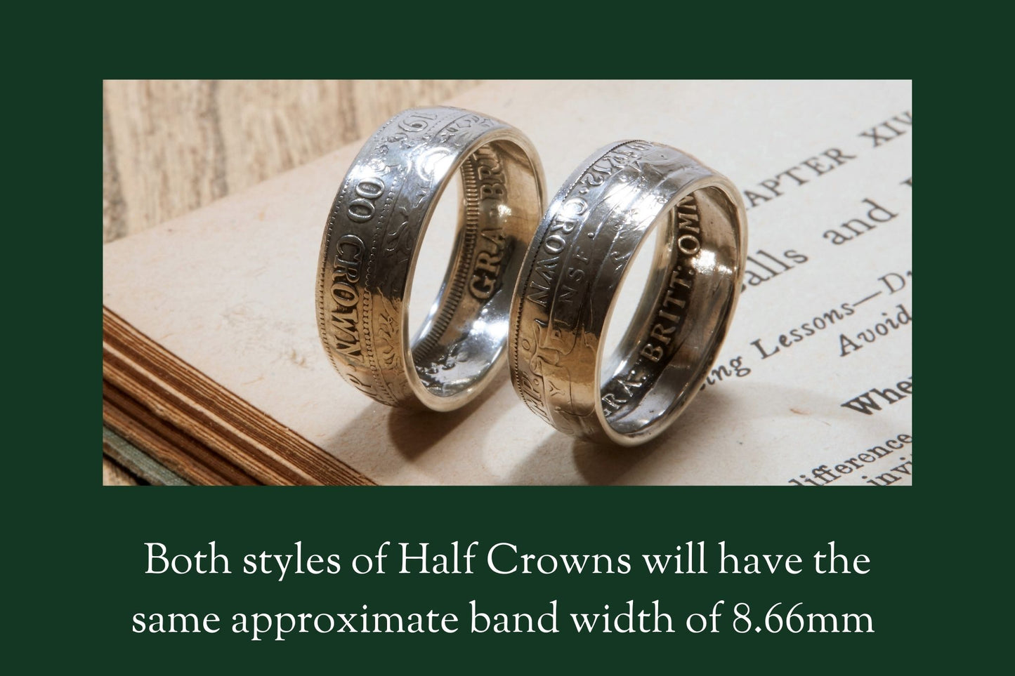 2 x half crown coin rings on book