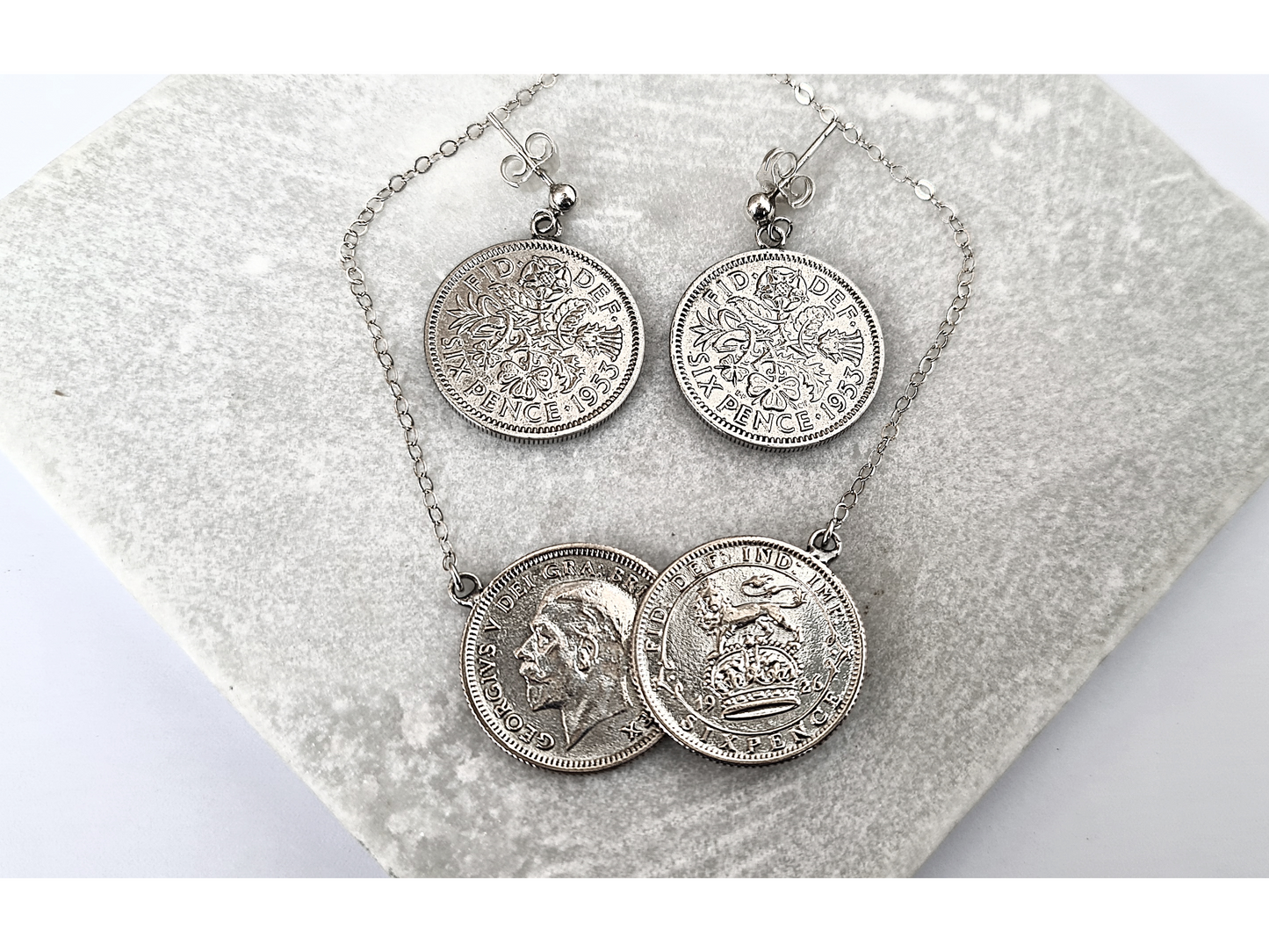 Gift Set: Queen Elizabeth II Memorabilia - 1926 Double Sixpence coin necklace and 1953 Sixpence coin earrings