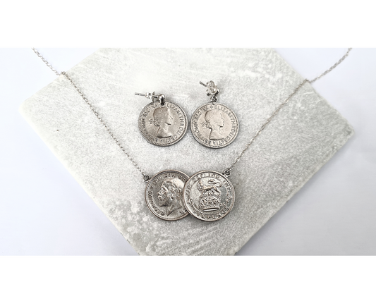 Gift Set: Queen Elizabeth II Memorabilia - 1926 Double Sixpence coin necklace and 1953 Sixpence coin earrings