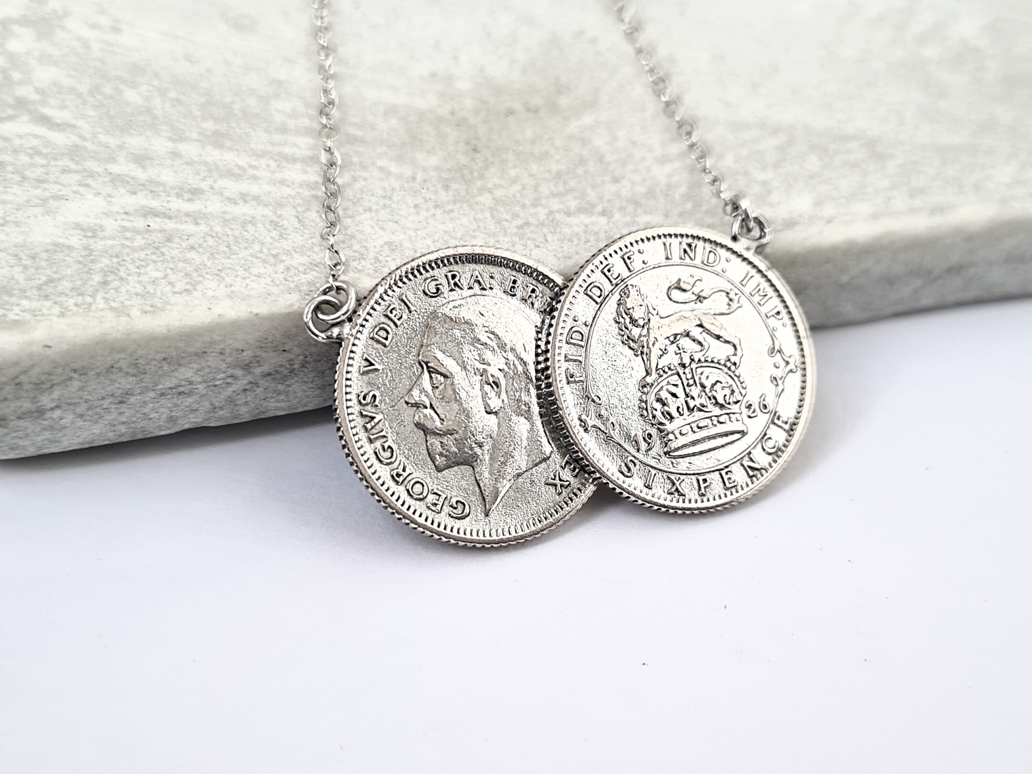 Gift Set: Queen Elizabeth II Memorabilia - 1926 Double Sixpence coin necklace and 1953 Sixpence coin earrings