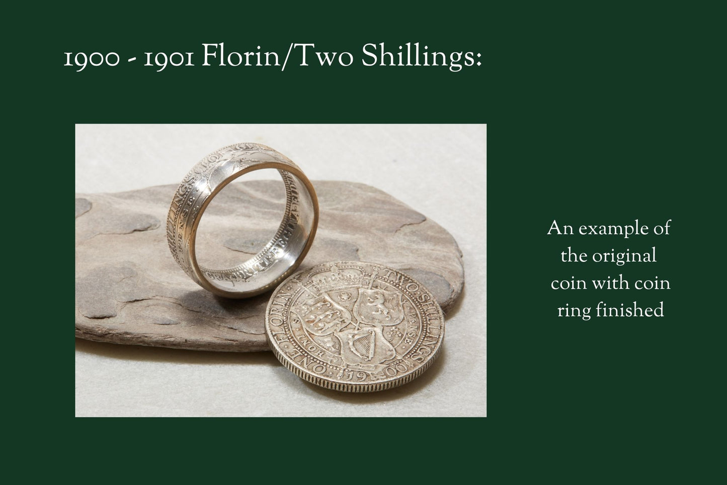 1900-1901 florin coin ring on stone with coin