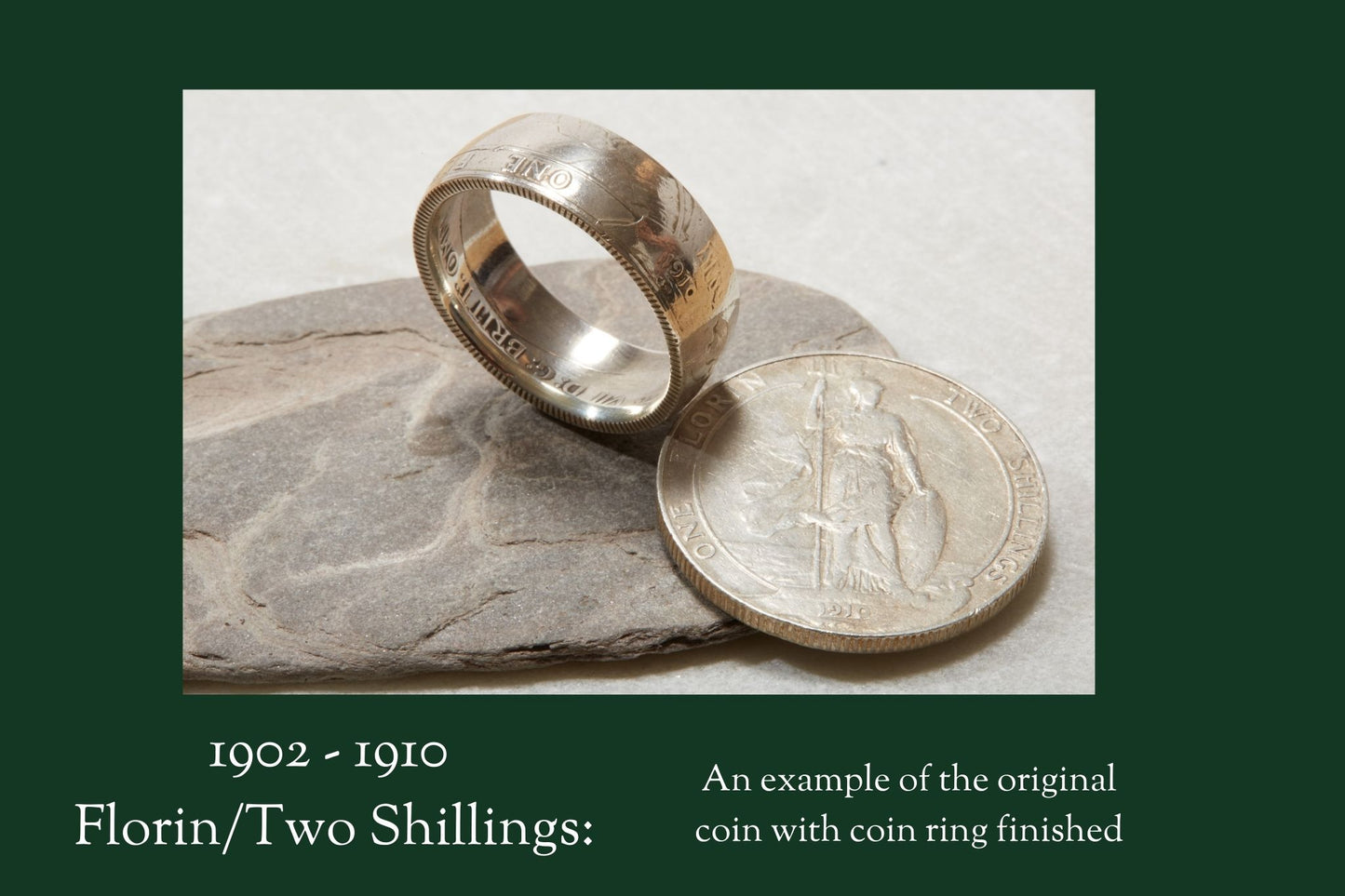 1910 florin coin ring on stone with coin