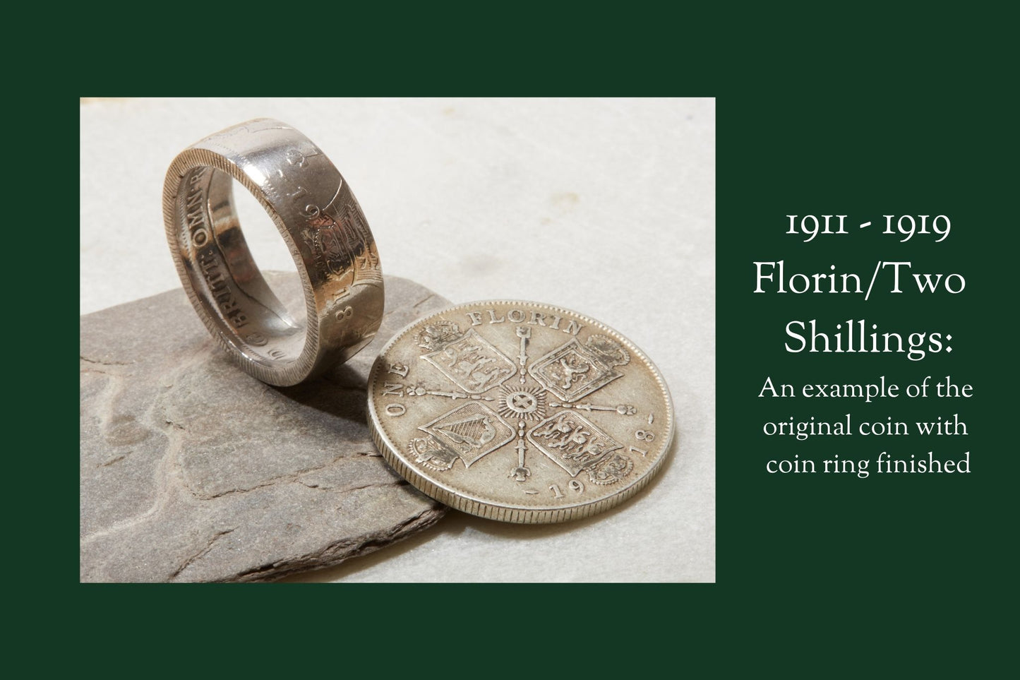 1911 - 1919 florin coin ring on stone with coin