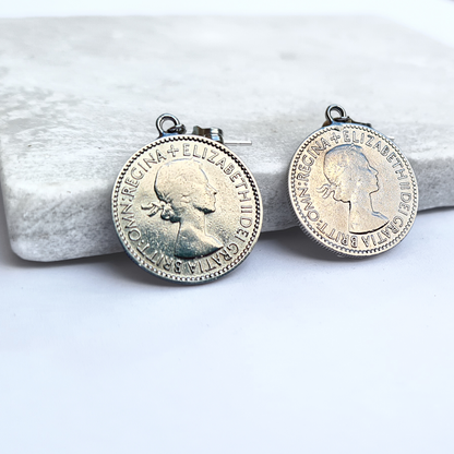 Queen Elizabeth II Sixpence Coin Earrings | Sterling Silver Ear Post