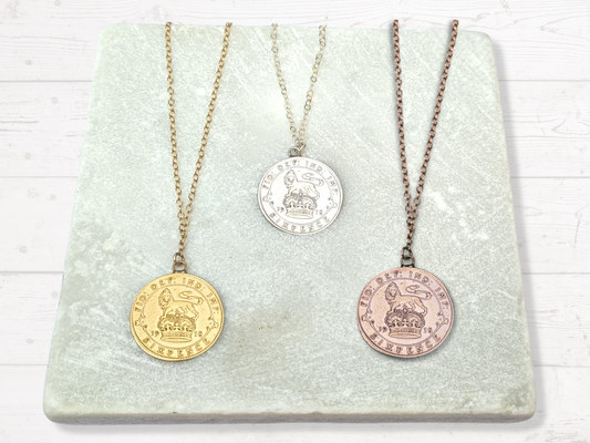 Sixpence Coin Necklace Sterling Silver - 24k Gold Plated, 24k Rose Gold Plated and Non-plated. Featuring George V plus Lion and Crown
