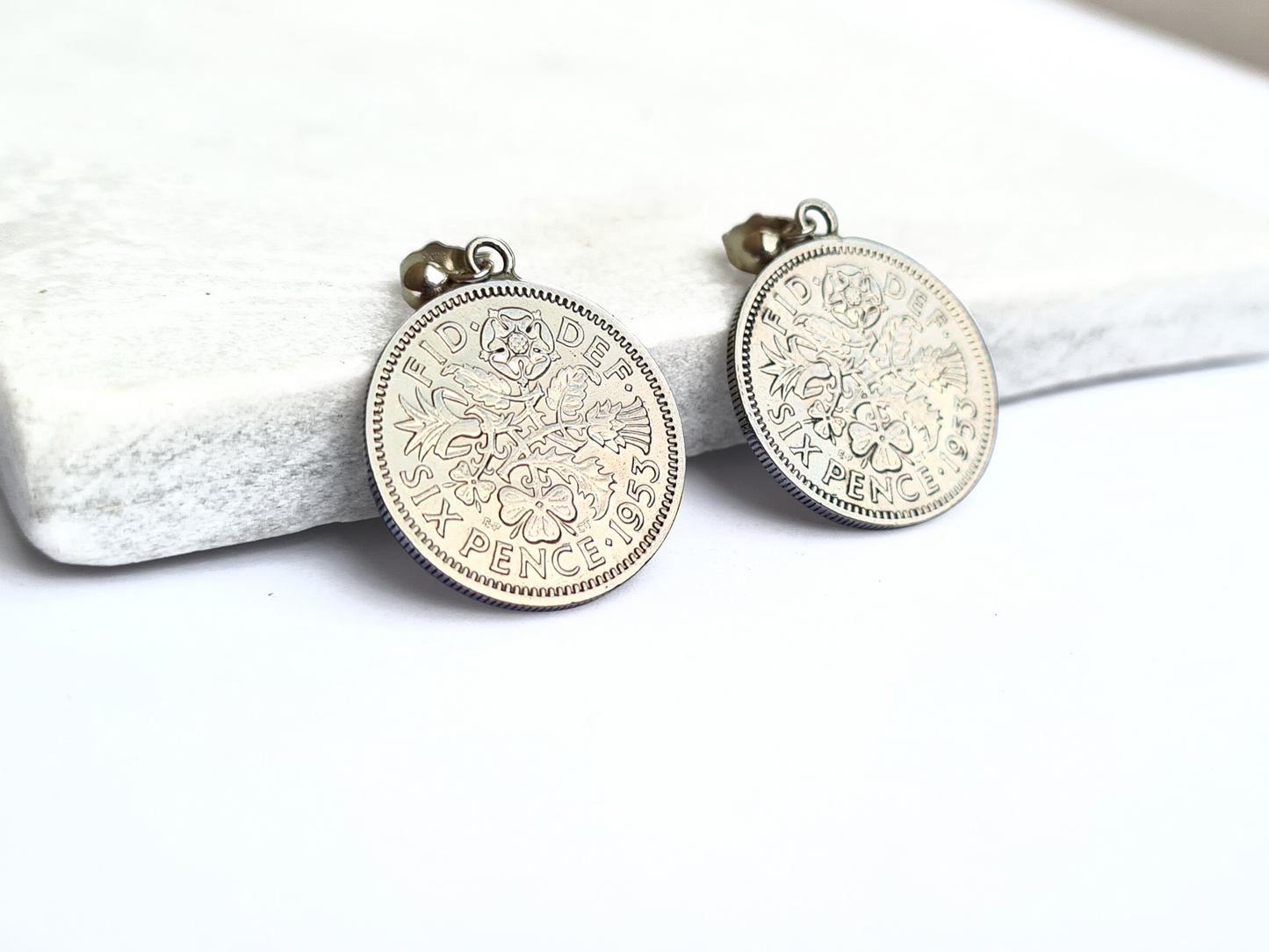 Gift Set: Queen Elizabeth II Memorabilia - 1926 Double Sixpence coin necklace and 1953 Sixpence coin earrings