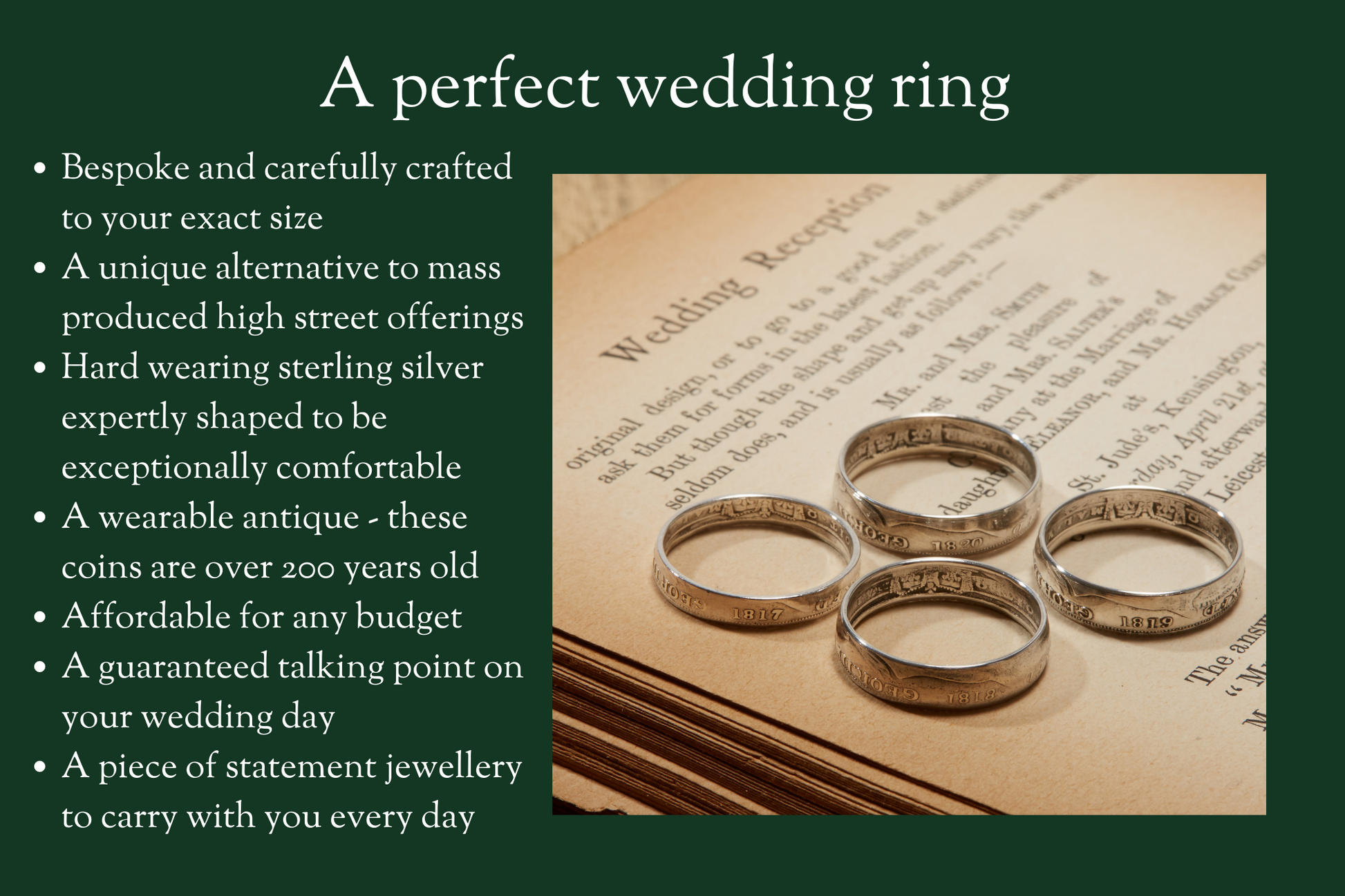 1817, 1818, 1819 and 1820 sixpence coin ring on book - perfect wedding ring