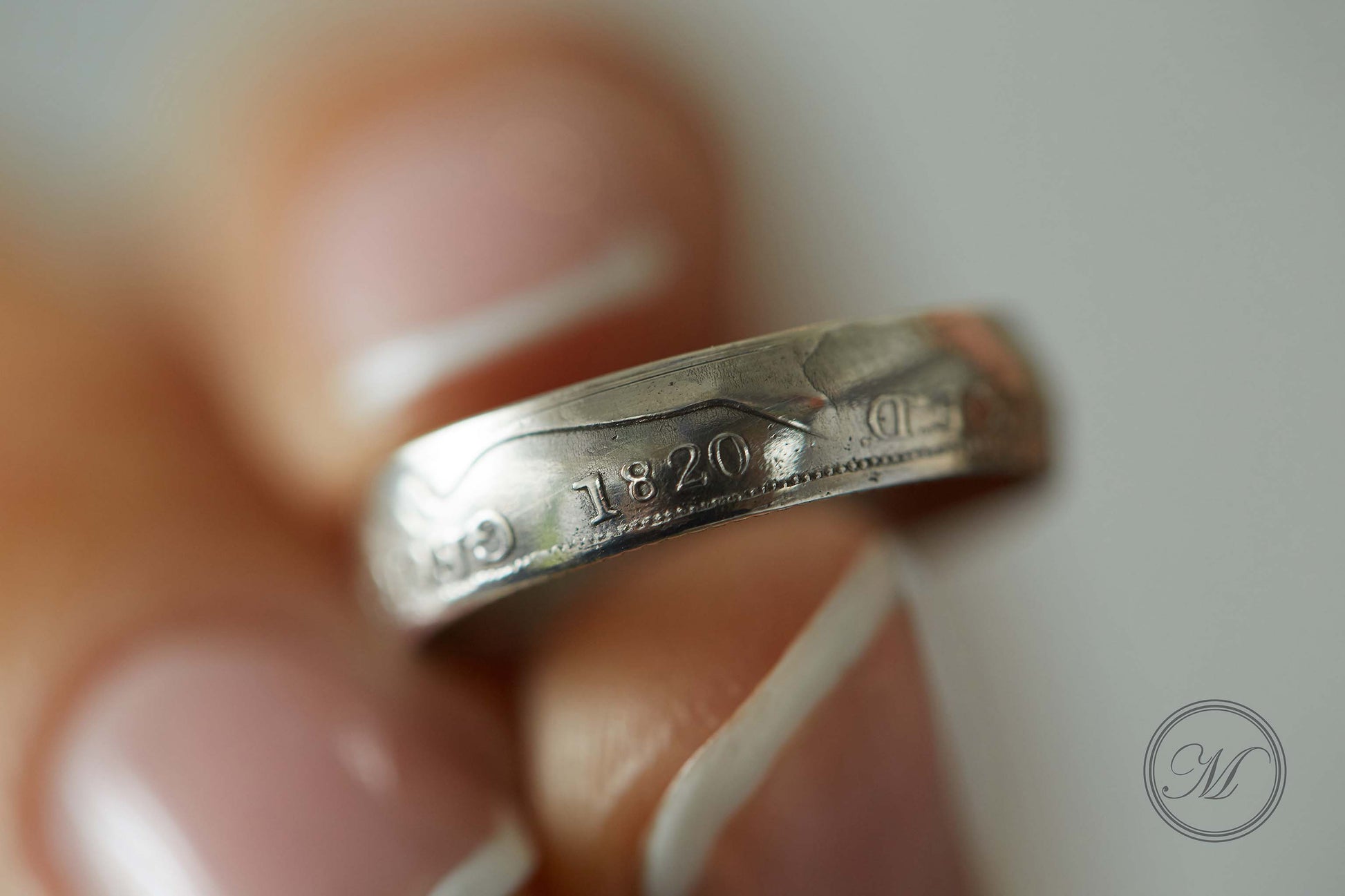 1820 sixpence coin ring close up