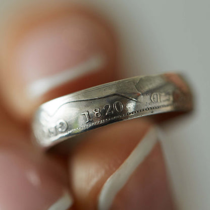 1820 sixpence coin ring close up