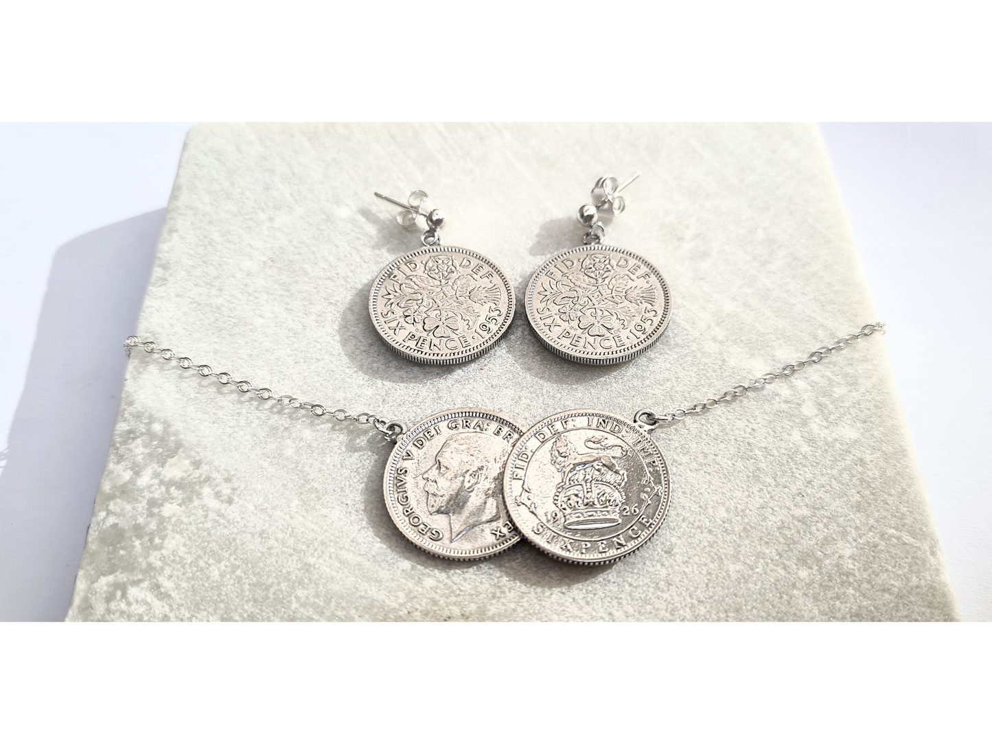 Gift Set: Queen Elizabeth II Memorabilia - 1926 Double Sixpence coin necklace and 1953 Sixpence coin earrings