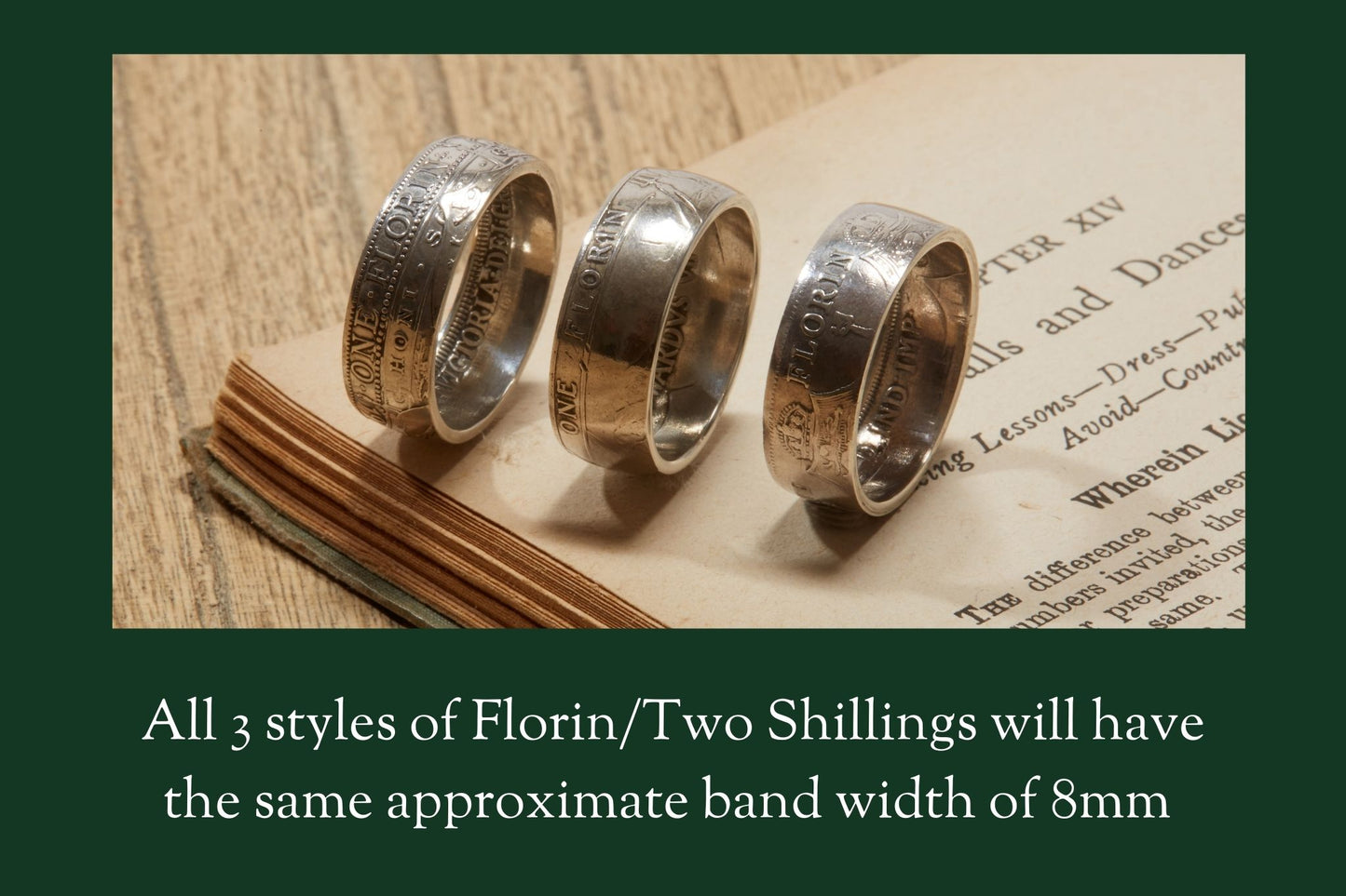 3 x florin coin rings together on book