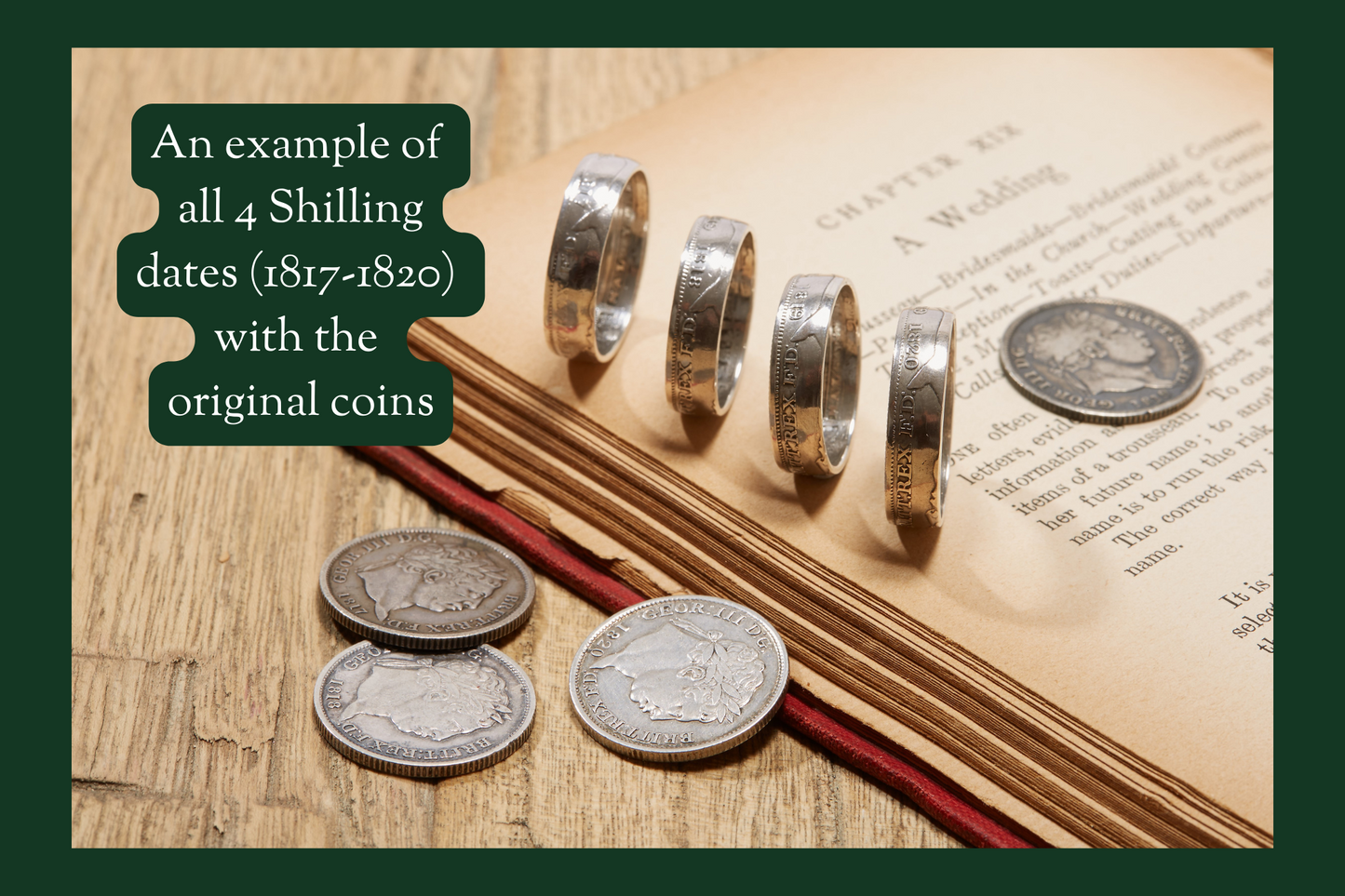 1817, 1818, 1819 and 1820 Shilling coin rings with coins on a book