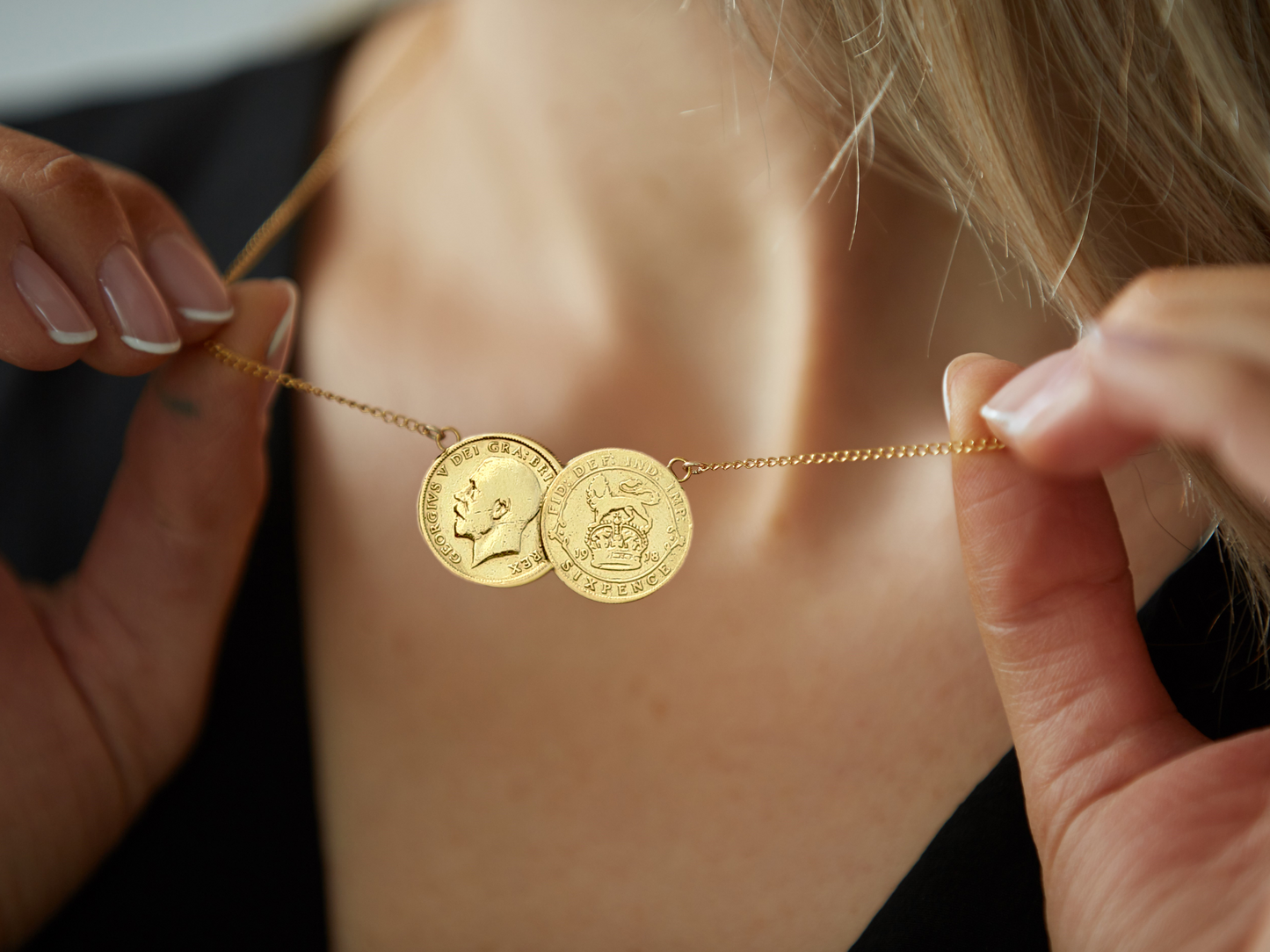 Sixpence Double Coin Necklace Sterling Silver - 24k Gold Plated, 24k Rose Gold Plated and Non-plated. Featuring George V plus Lion and Crown