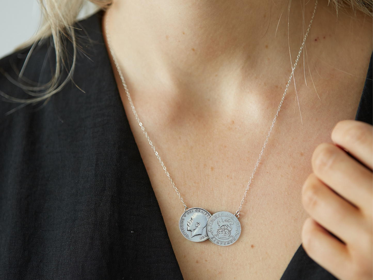 Sixpence Double Coin Necklace Sterling Silver - 24k Gold Plated, 24k Rose Gold Plated and Non-plated. Featuring George V plus Lion and Crown