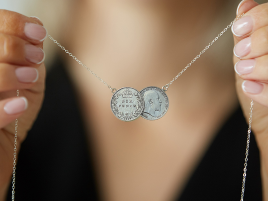 Sixpence Double Coin Necklace Sterling Silver Genuine Sixpence Coins