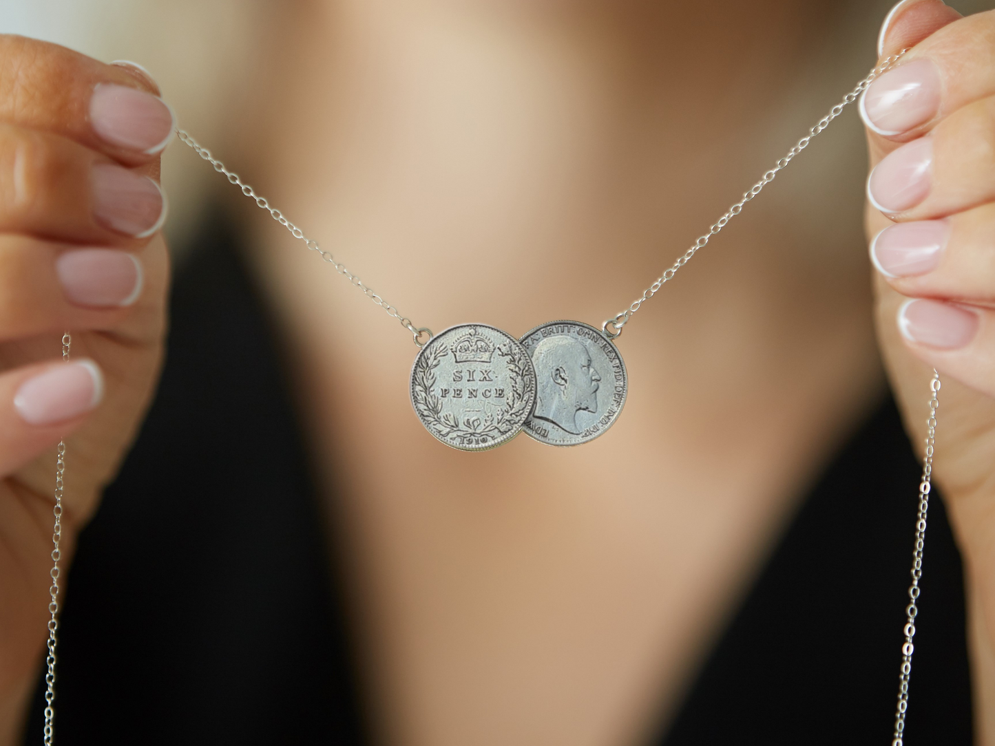 Sixpence Double Coin Necklace Gold Plated, Rose Gold plated and Non-plated. Genuine sterling silver sixpences featuring King Edward VII